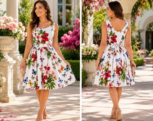 Rene Derhy Dresses & Skirts - NEW! Derhy Floral Fit & Flare Dress M White Tropical Garden Cotton Sleeveless